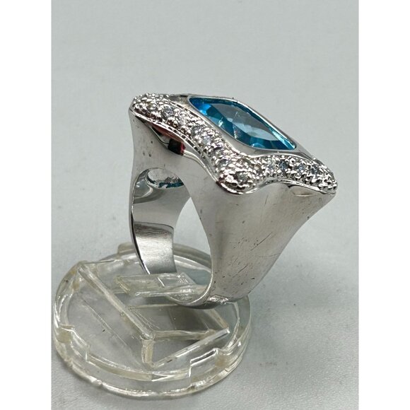 Blue Aquamarine Glass Ring Size 7 Silver Tone Free Form Modernist Ring - Picture 6 of 12